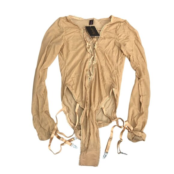 Frederick's of Hollywood Lola Lee Sheer Mesh Long Sleeve Teddy Beige Late M - Picture 1 of 6
